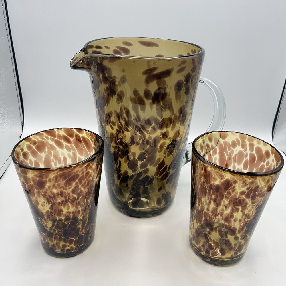 Vintage Blown Glass Tortoise Pitcher Rocks Bar Decor Animal Print Set 3